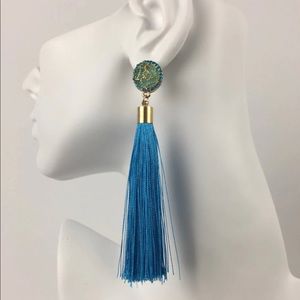 “Rose Flower” Tassel Earrings In Blue.
